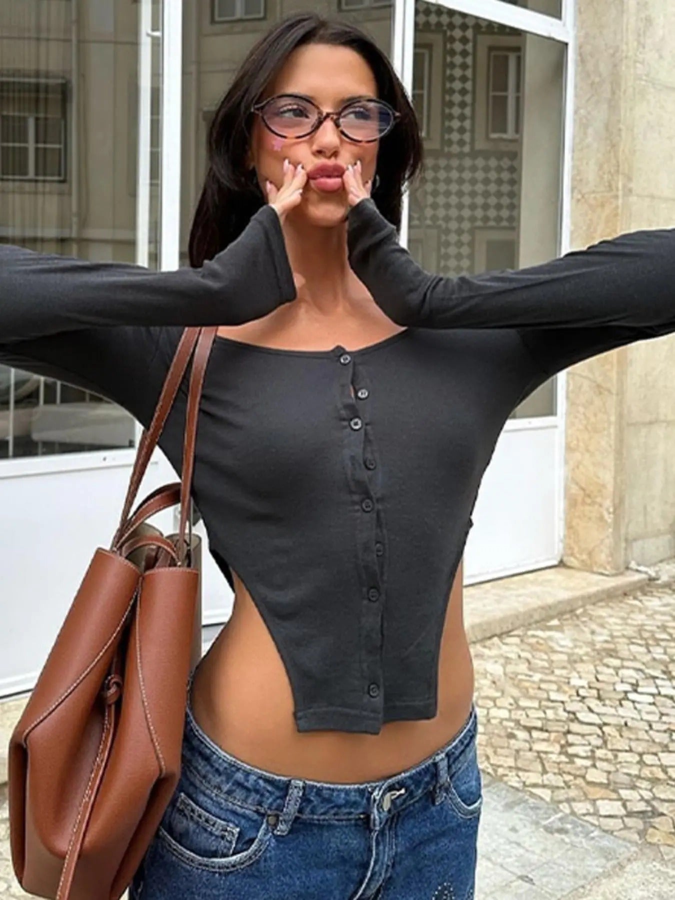 Women's Plain Long Sleeve Crop Tee, Casual Solid Round Neck T-shirt for Spring & Fall, Comfortable Women's Top for Daily...