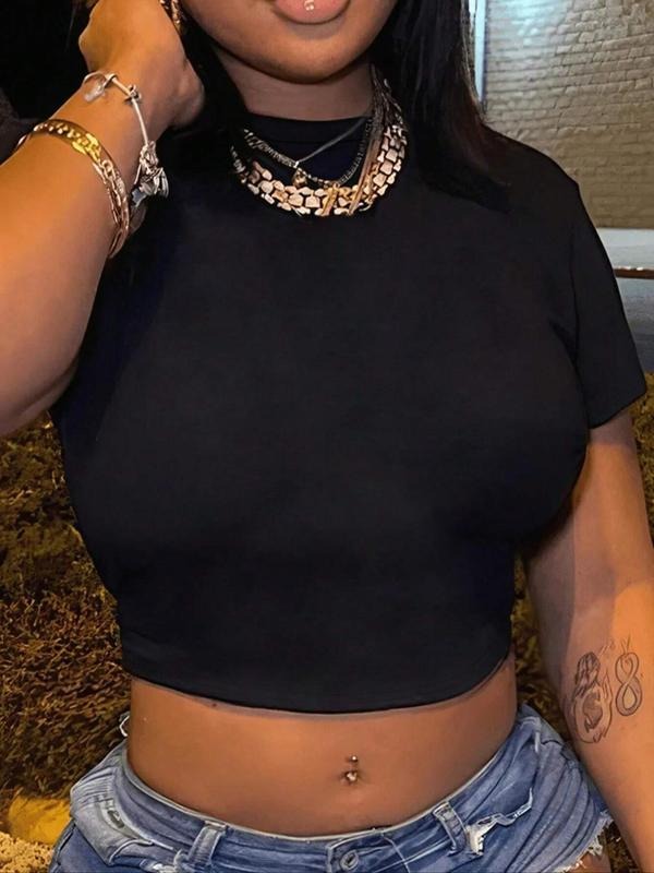 Women's Plain Round Neck Crop Tee, Casual Short Sleeve Crew Neck T-Shirt for Summer, Fashion Women's Top for Daily Wear...
