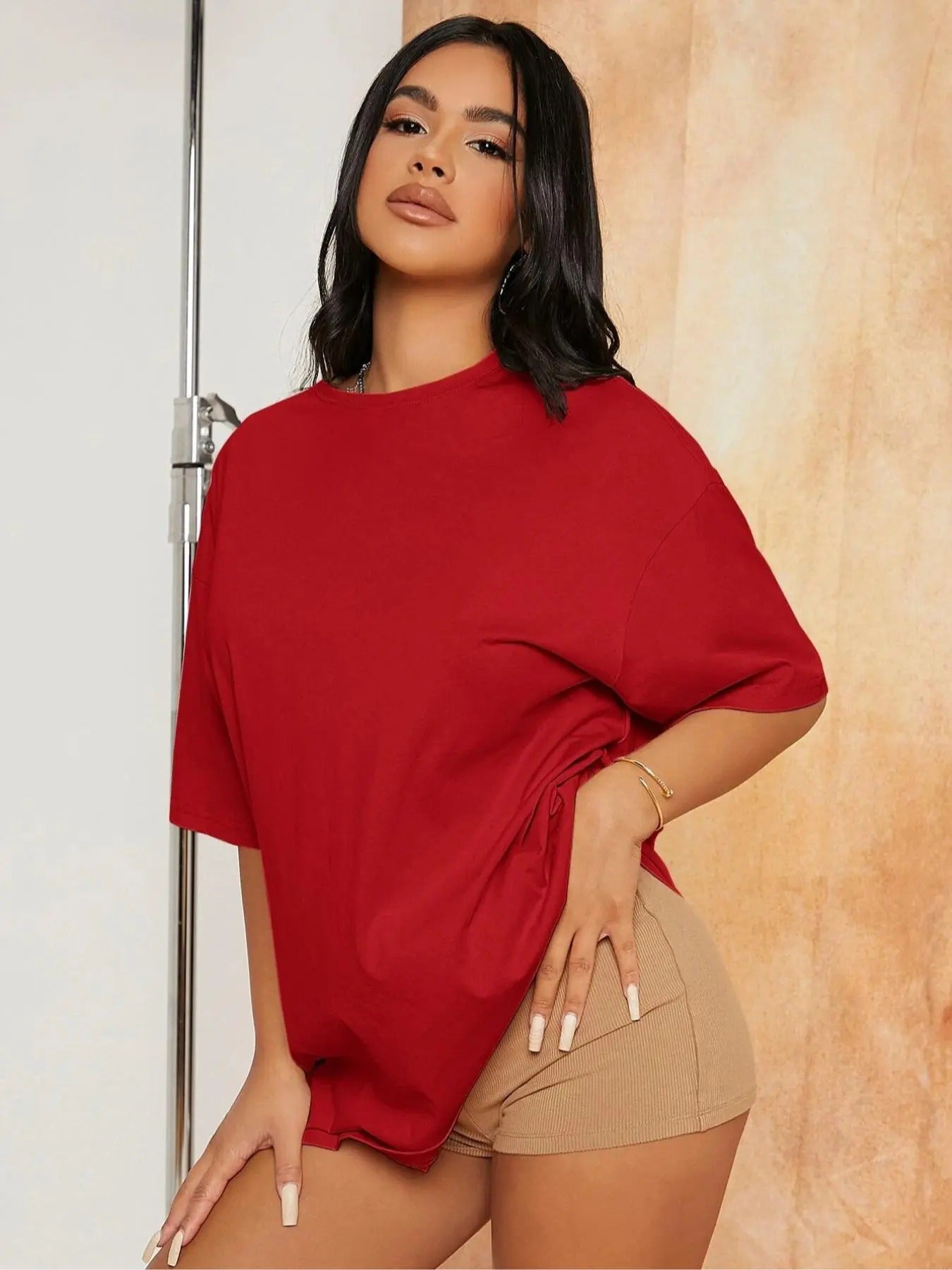 Women's Plain Round Neck Drop Shoulder Tee, Casual Half Sleeve T-Shirt for Daily Wear, Ladies Clothes for All Seasons...