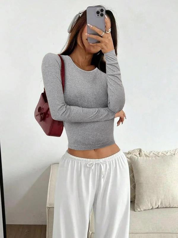 Women's Plain Round Neck Long Sleeve Tee, Casual Basic Crew Neck T-shirt for Daily Wear, Ladies Clothes for All Seasons...