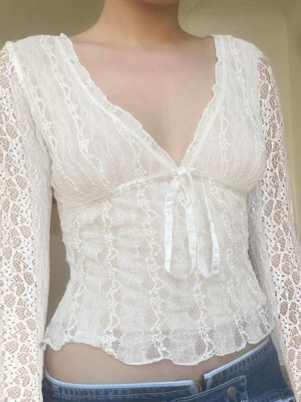 Women's Plain Tie Front Sheer Lace Crop Tee, Casual Deep V Neck Long Sleeve T-shirt for Fall & Winter, Women's Clothing...