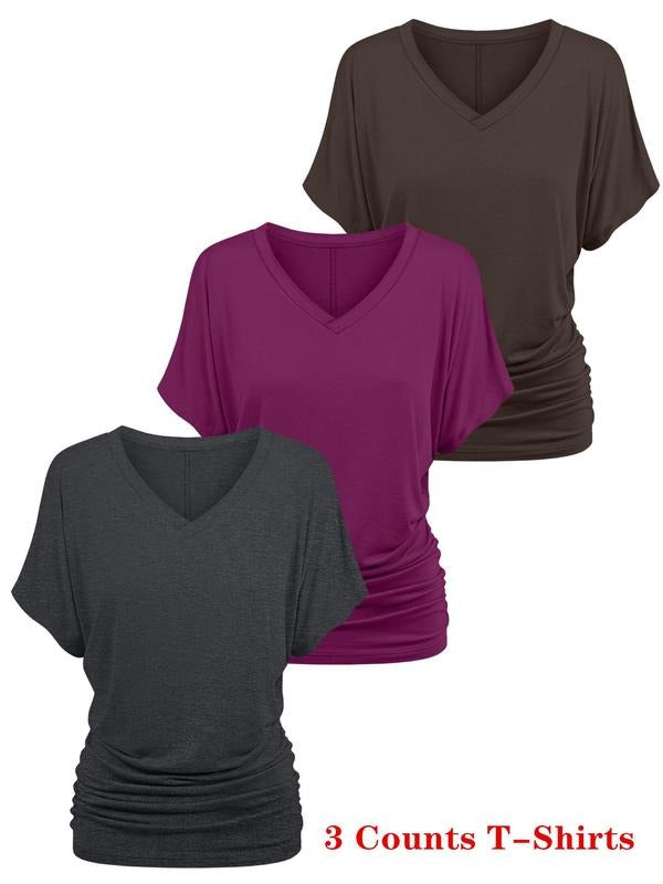 Women's Plain V Neck Batwing Sleeve Tee, Casual Solid Color Short Sleeve T-Shirt for Daily Wear, Ladies Clothes for All...