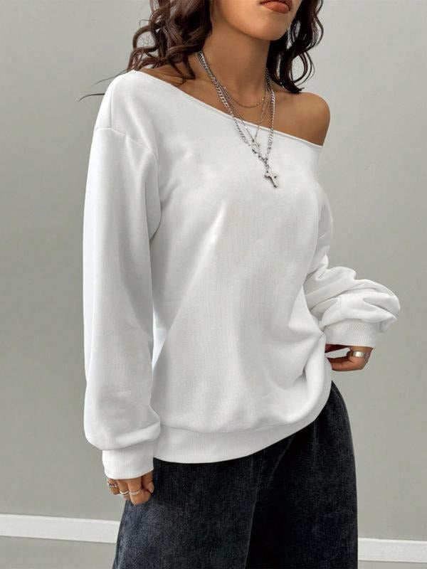 Women's Plain off Shoulder Sweatshirt, Casual Street Fashion Long Sleeve Pullover for Daily Wear, Stylish Ladies Summer...