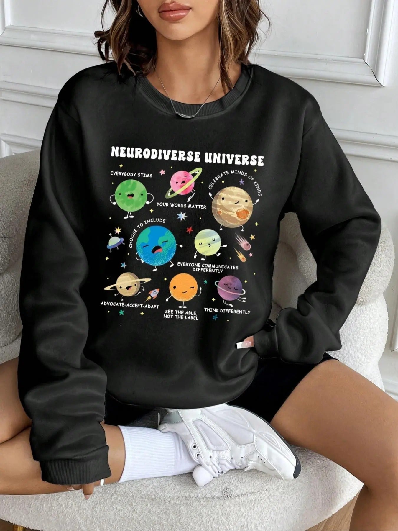 Women's Planet Print Crew Neck Sweatshirt, Casual Loose Long Sleeve Pullover, Women's Fall & Winter Clothes for Daily...