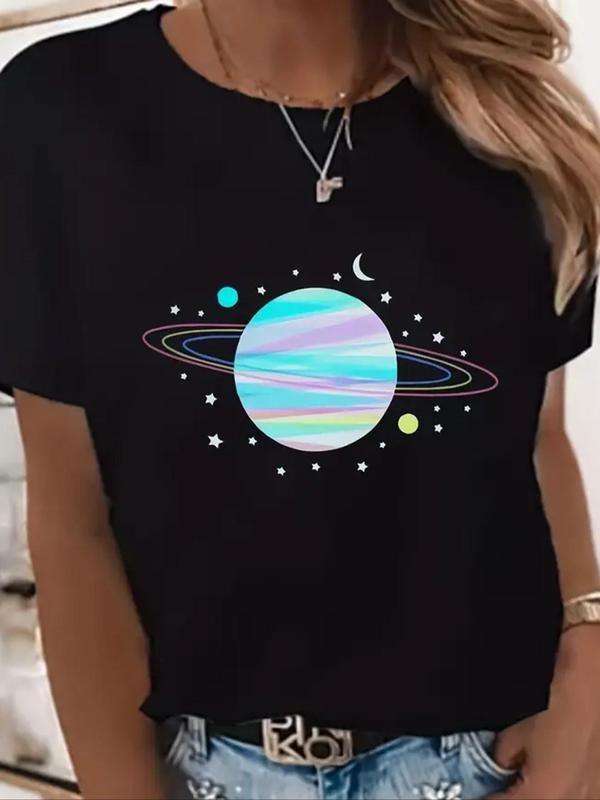 Women's Planet Print Round Neck Tee, Casual Short Sleeve Crew Neck T-shirt for Summer, Fashion Women's Top for Daily Wear...