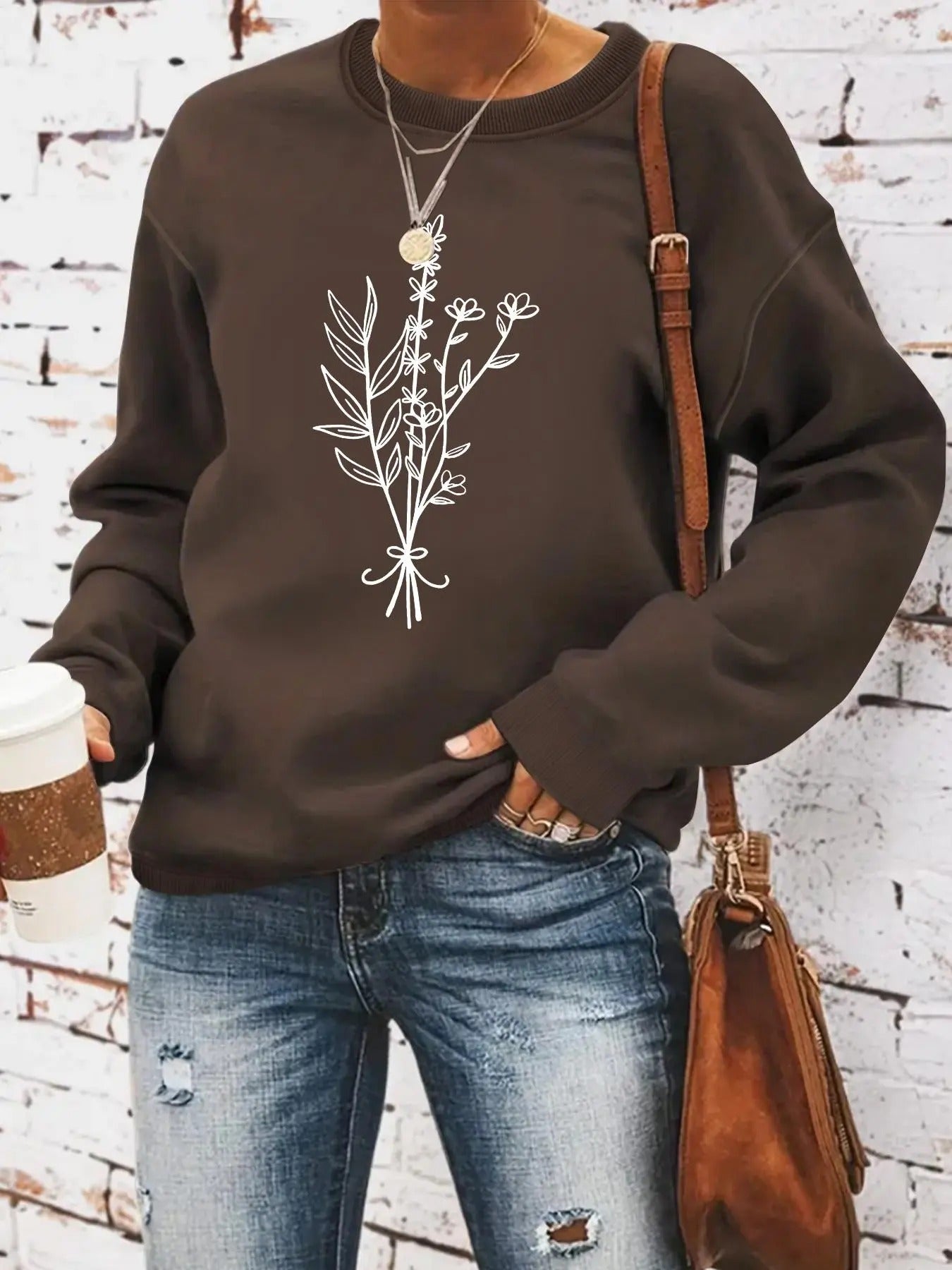 Women's Plants Print Crew Neck Sweatshirt, Casual Long Sleeve Pullover for Spring & Fall, Fashion Women's Top for Daily...