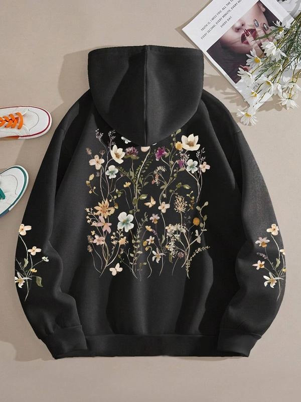 Women's Plants Print Drop Shoulder Hoodie, Fashion Drawstring Pocket Hooded Sweatshirt, Women Clothing for Spring & Fall...