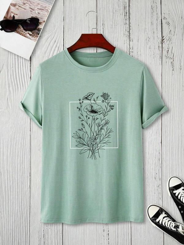 Women's Plants Print Drop Shoulder Tee, Casual Loose Round Neck Half Sleeve T-Shirt for Summer, Women's Top for Daily...