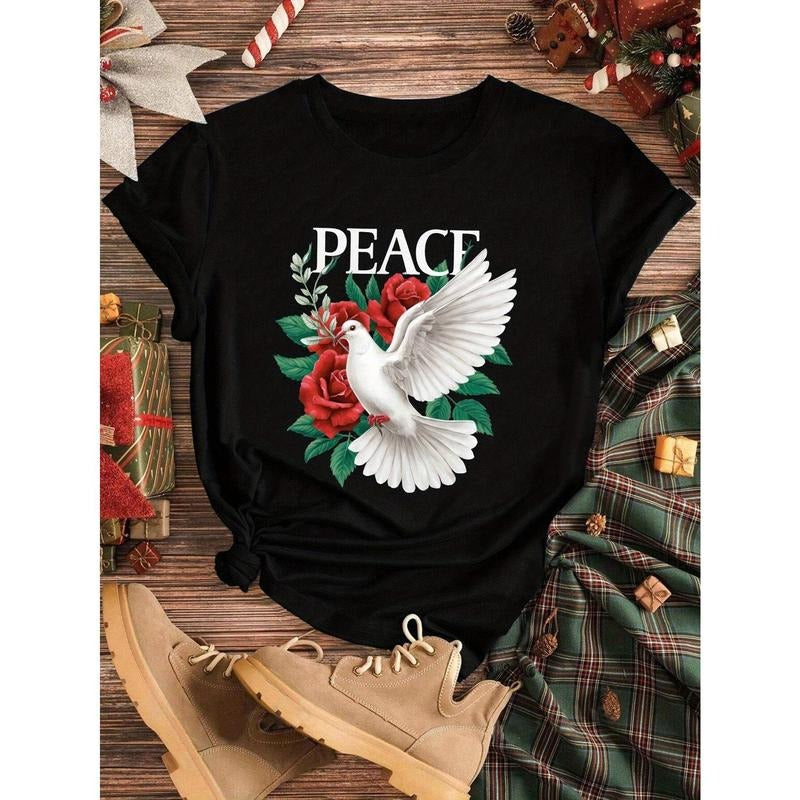 Women's Plus Size Casual Crew Neck T-Shirt with Dove and Roses PEACE Graphic, Short Sleeve, All Season Comfort Fit...