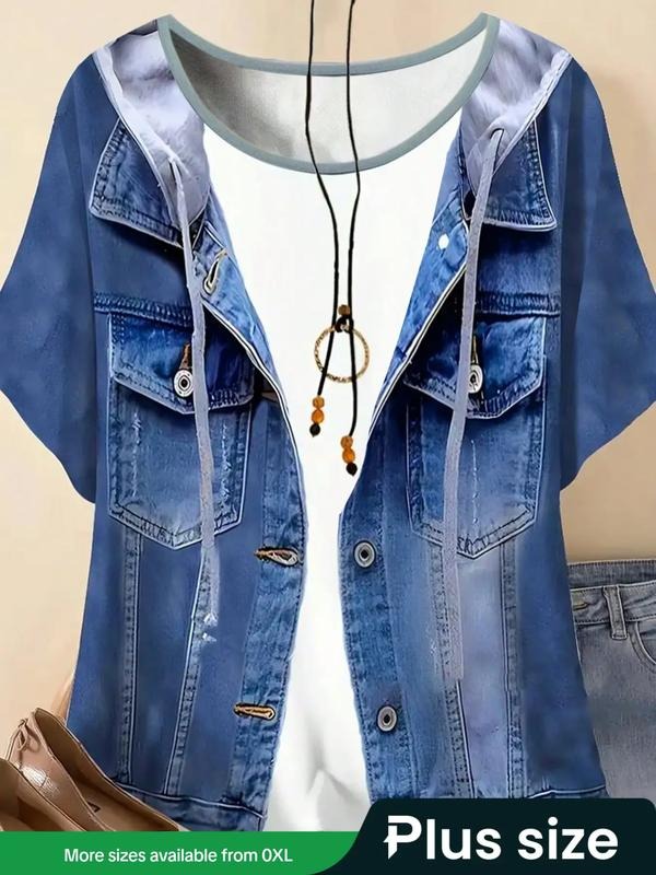 Women's Plus Size Denim Print T-Shirt, Elegant Casual Short Sleeve Top, Round Neck, All Seasons Comfortable Fit, Daily...