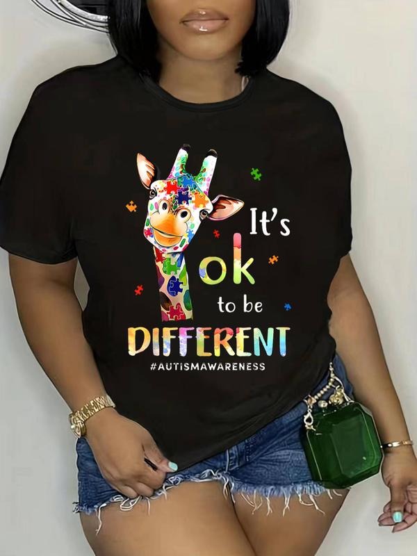 Women's Plus Size Giraffe & Slogan Print Round Neck Tee, Casual Crew Neck Short Sleeve T-Shirt, Plus Size Tops for Summer...
