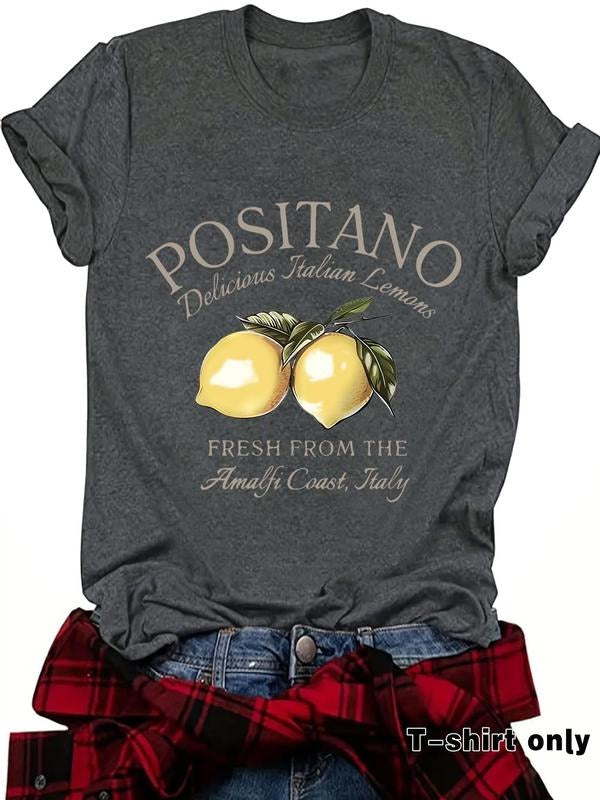Women's Positano Lemon Print Round Neck Tee, Casual Short Sleeve Crew Neck T-Shirt for Summer, Fashion Women's Top for...
