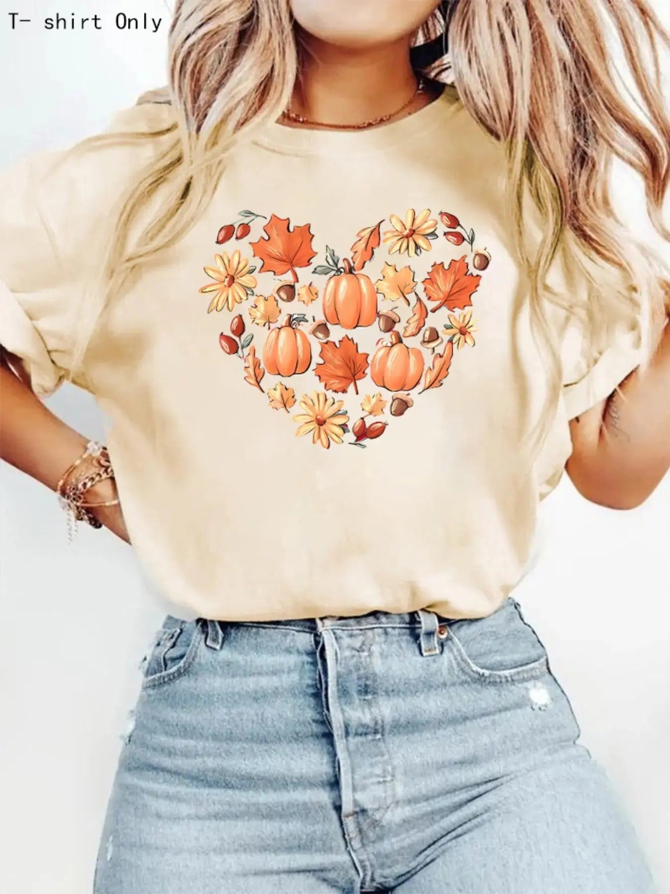 Women's Pumpkin & Floral Print Round Neck Tee, Casual Short Sleeve Crew Neck T-Shirt for Summer, Fashion Women's Top for...