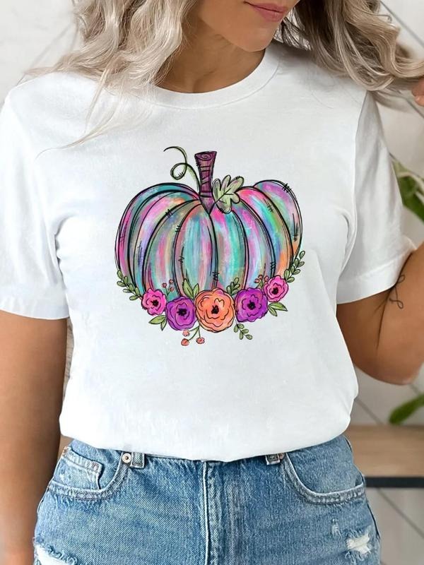 Women's Pumpkin & Floral Print Round Neck Tee, Fashion Casual Short Sleeve T-shirt, Ladies Summer Clothes for Daily Wear...