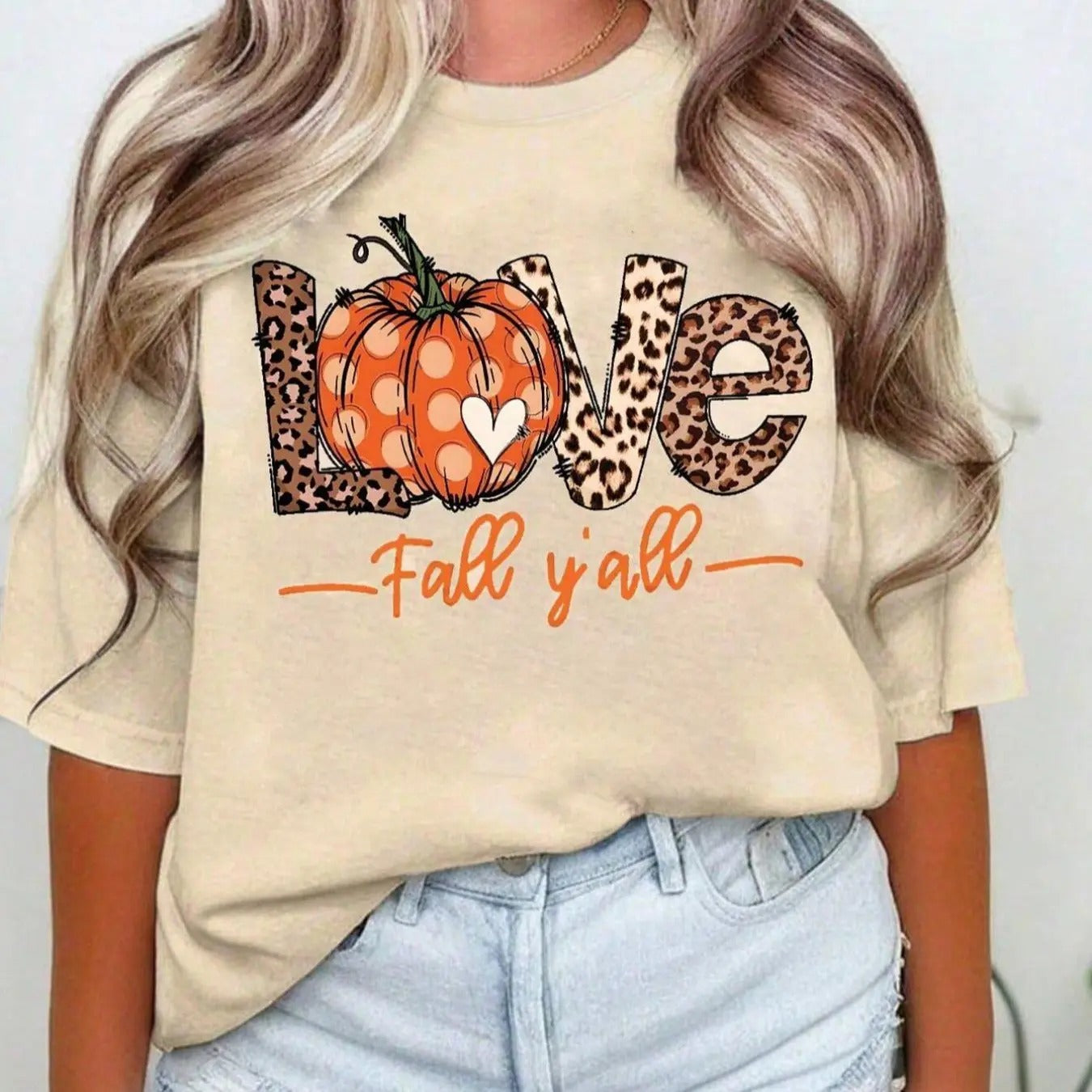 Women's Pumpkin & Letter Print Crew Neck Tee, Casual Trendy Love Print Short Sleeve T-shirt for Fall & Winter, Women's...