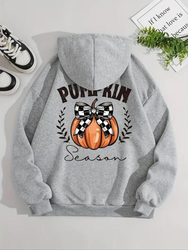 Women's Pumpkin Print Drawstring Hoodie, Fashion Casual Letter Print Hooded Sweatshirt for Daily Holiday Outdoor Wear,...