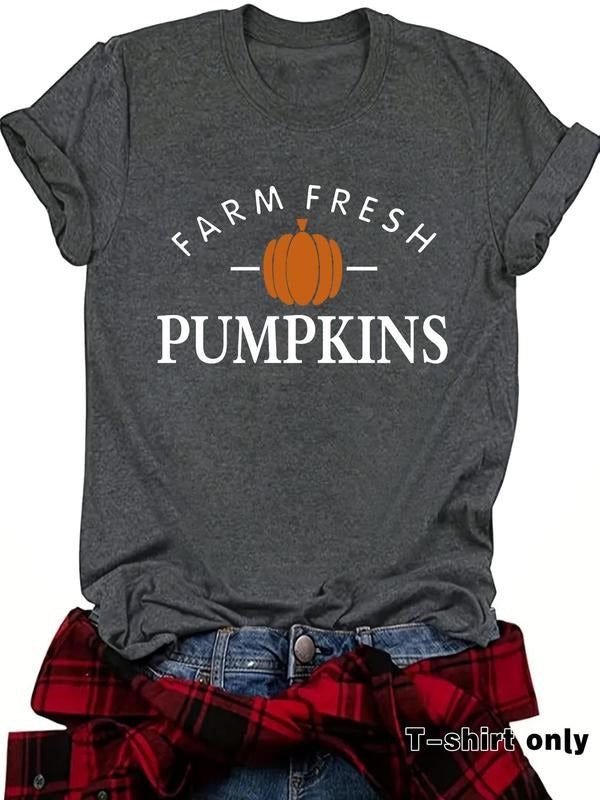 Women's Pumpkin Print Round Neck Tee, Casual Short Sleeve Crew Neck T-shirt for Summer, Fashion Women's Top for Daily...