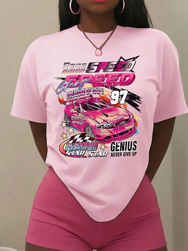 Women's Race Car & Letter Print Round Neck Tee, Street Comfort Short Sleeve T-shirt for Daily Wear,  Vintage Graphic...
