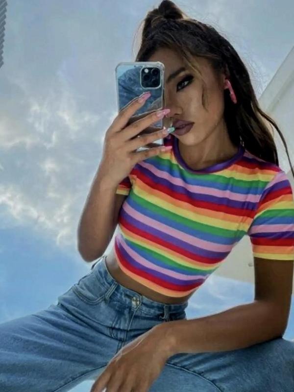 Women's Rainbow Stripe Print Round Neck Crop Tee, Vintage Trendy Casual Short Sleeve T-shirt For Daily Wear, Ladies...
