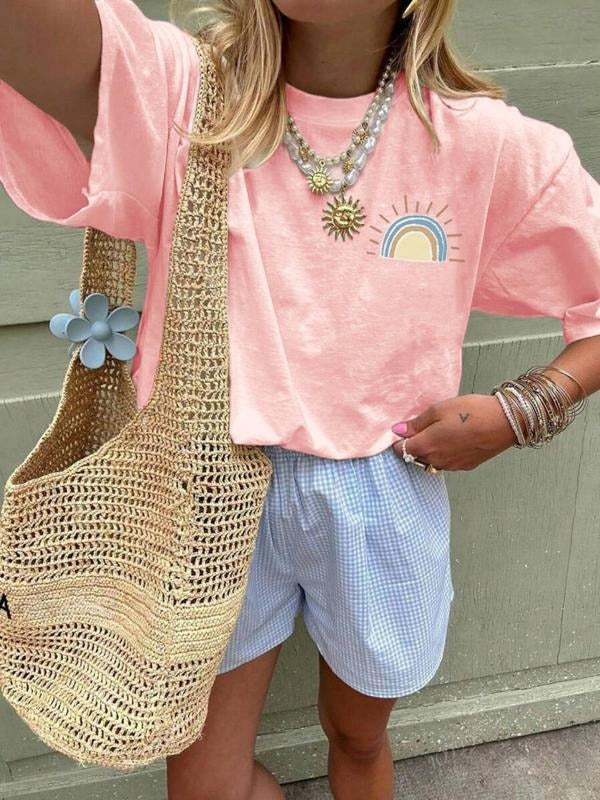 Women's Rainbow Stripe Print Round Neck Tee, Casual Short Sleeve Crew Neck T-shirt for Summer, Fashion Women's Top for...