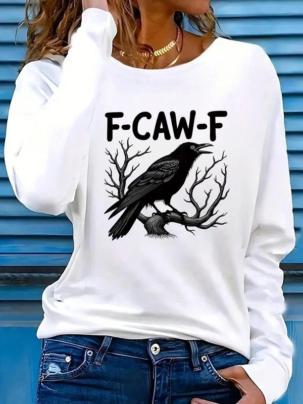 Women's Raven Print Round Neck Long Sleeve Top, Casual Comfortable Loose Fit Shirt for Fall & Winter, Ladies Fashion Long...
