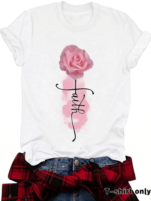 Women's Rose & Letter Print Round Neck Tee, Casual Short Sleeve Crew Neck T-shirt for Summer, Fashion Women's Top for...