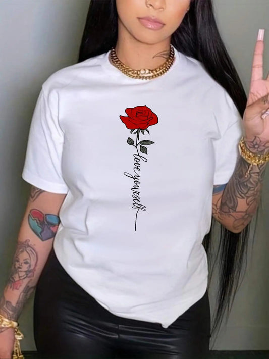 Women's Rose & Letter Print Round Neck Tee, Fashion Casual Crew Neck T-shirt for Daily Holiday Vacation Outdoor Wear, Ladies Clothes for Summer