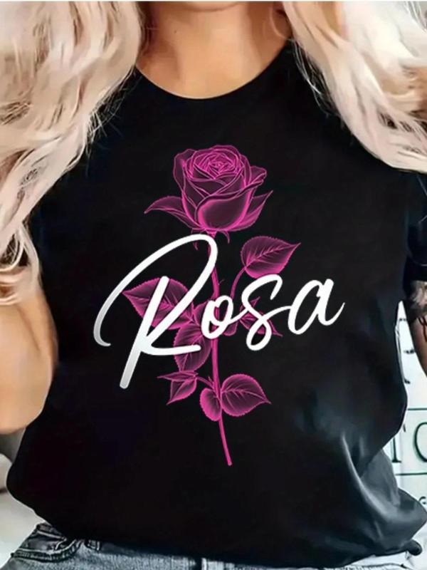 Women's Rose & Letter Print Round Neck Tee, Trendy Casual Short Sleeve T-Shirt for Daily Wear, Ladies Summer Outfit, Top...