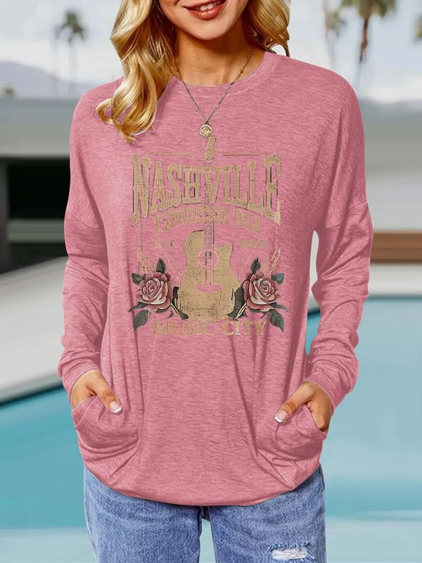 Women's Rose Guitar Print Round Neck Long Sleeve Pullover, Casual Loose Fit T-Shirt, Comfortable Breathable Spring & Fall...