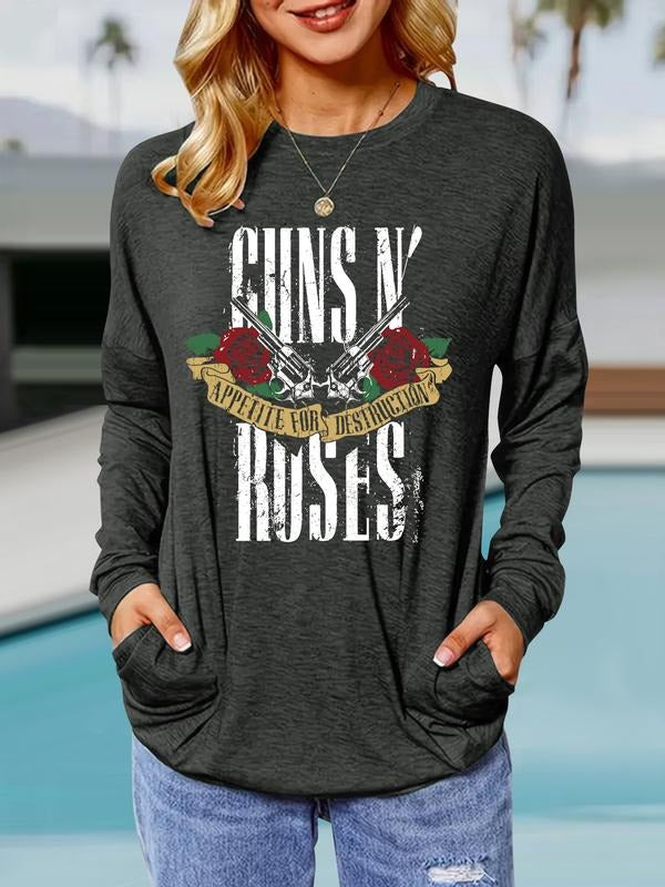 Women's Rose Print Round Neck Long Sleeve Pullover, Casual Loose-Fit T-Shirt with Pockets, Comfortable Spring & Fall...
