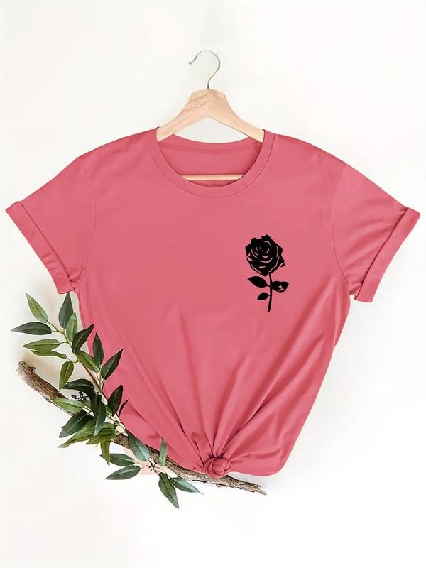 Women's Rose Print Round Neck Tee, Casual Short Sleeve Crew Neck T-shirt for Summer, Fashion Women's Top for Daily Wear...