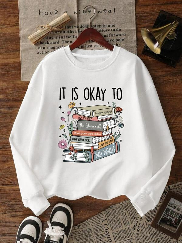 Women's Round Neck Pullover Sweatshirt, Fresh Simple Style, Book & Flower Print Hooded Fleece Sweater for Fall Winter...