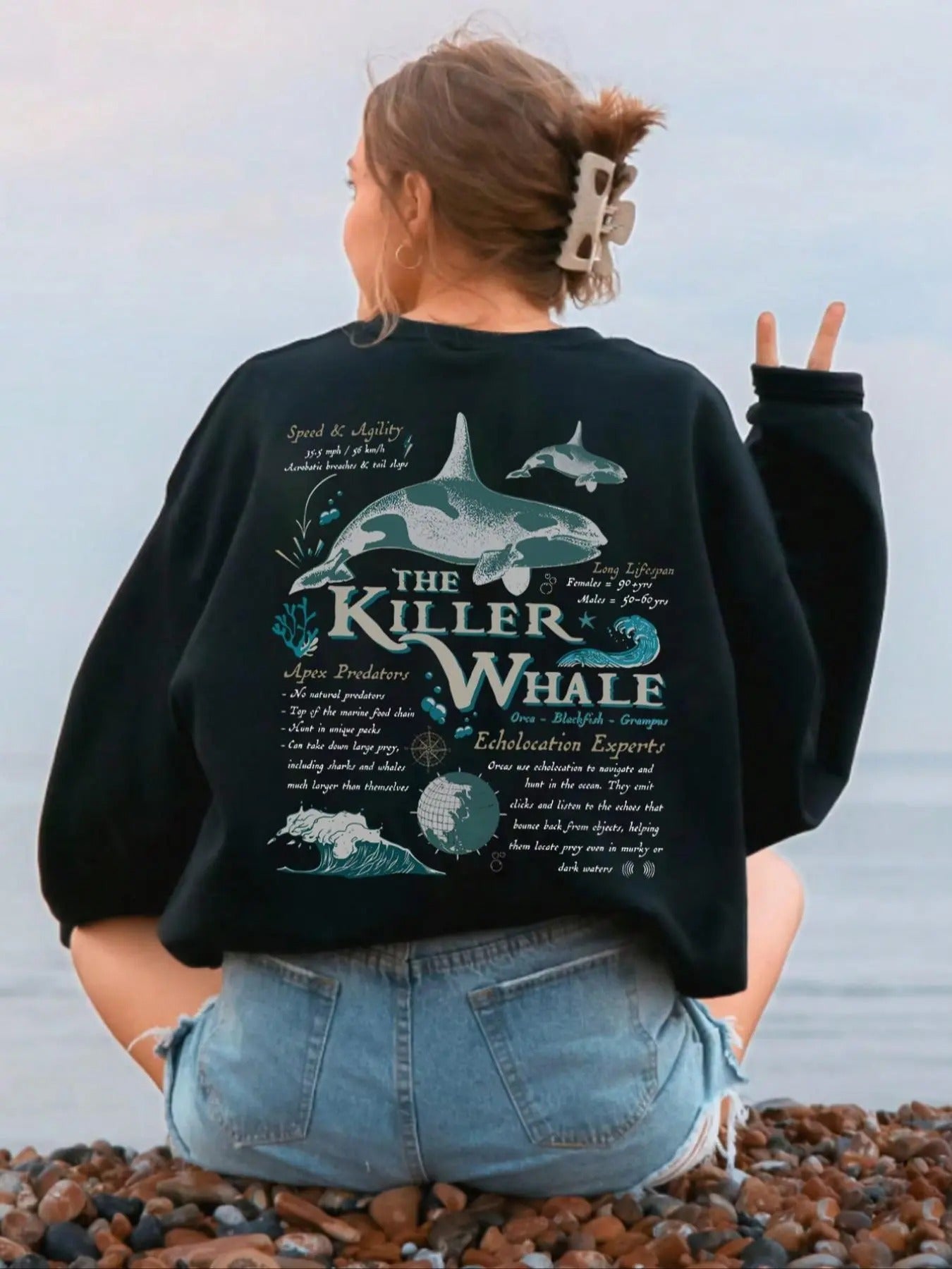 Women's Shark & Letter Print Drop Shoulder Sweatshirt, Casual Long Sleeve Round Neck Pullover for Fall & Winter, Ladies...