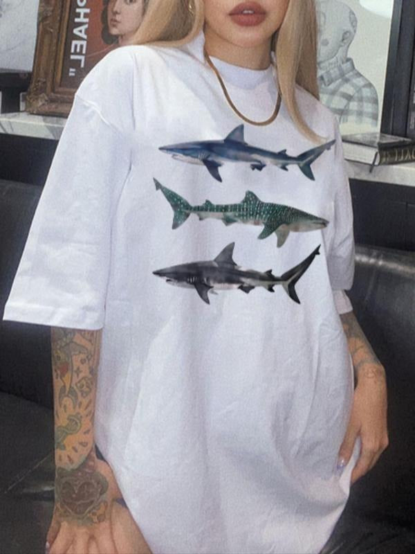 Women's Shark Print Round Neck  Tee, Vintage Trendy Casual Drop Shoulder Half Sleeve T-shirt for Daily Wear, Ladies All...