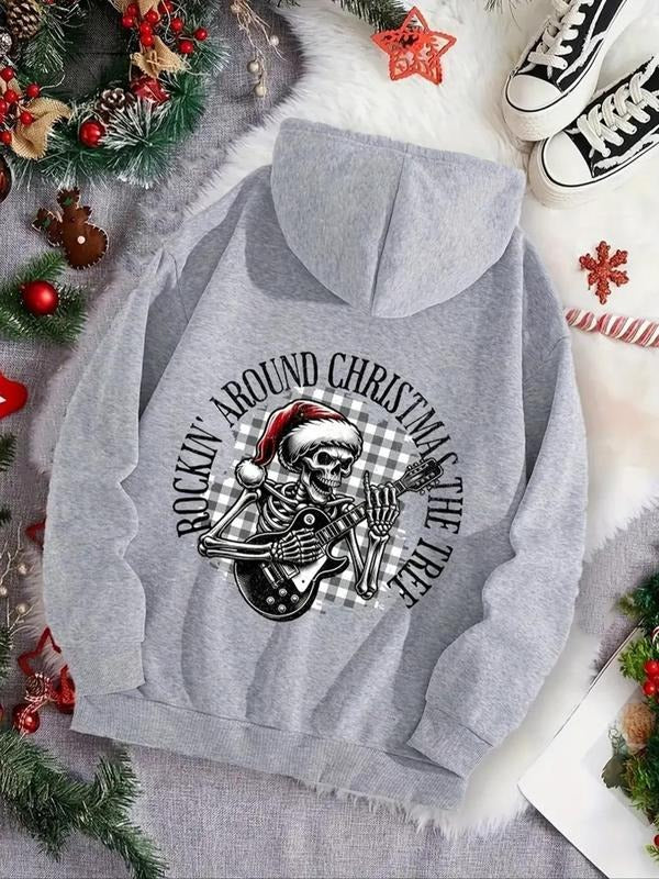 Women's Skeleton & Guitar & Letter Print Drawstring Pocket Hoodie, Casual  Long Sleeve Hooded Sweatshirt for Fall &...