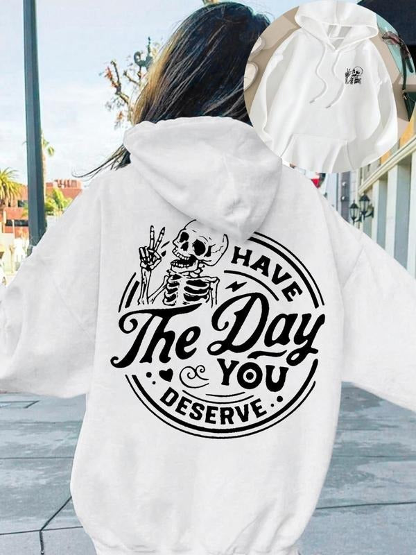 Women's Skeleton & Letter Print Drop Shoulder Hoodie, Fashion Casual Drawstring Pocket Hooded Sweatshirt for Daily...