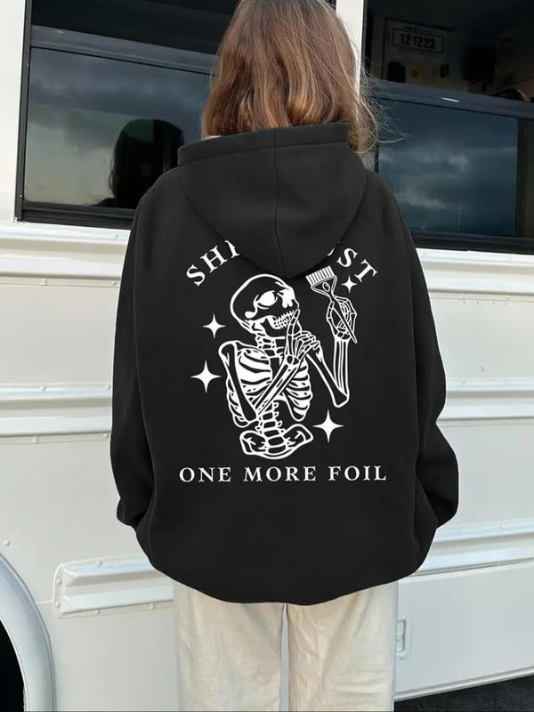 Women's Skeleton & Letter Print Hoodie, Casual Comfy Regular Fit Pullover Hooded Sweatshirt for Daily Wear, Ladies...