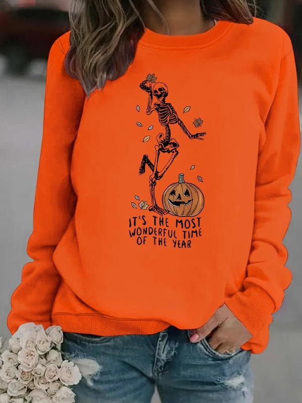 Women's Skeleton & Pumpkin Print Crew Neck Sweatshirt, Casual Long Sleeve Pullover for Daily Wear, Ladies Fall & Winter...