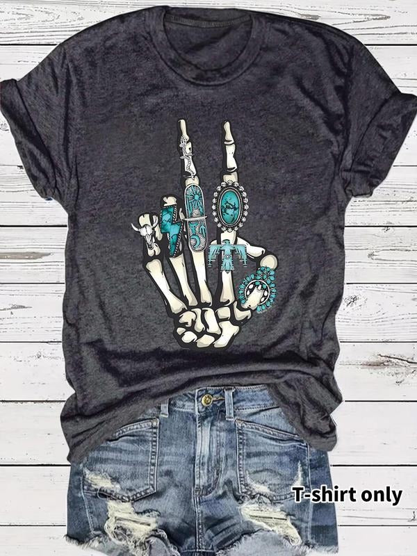Women's Skeleton Hand & Ring Print Round Neck Tee, Fashion Casual Short Sleeve T-shirt for Daily Wear, Ladies Summer...
