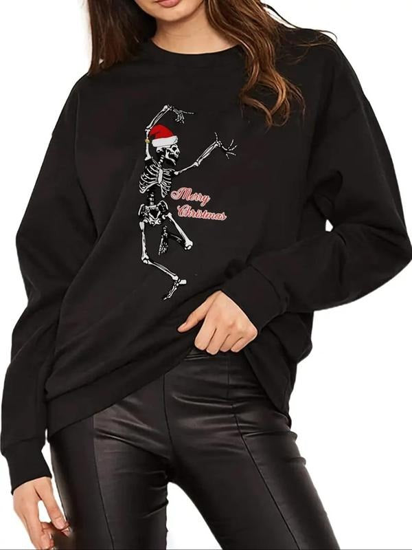 Women's Skeleton Print Round Neck Sweatshirt, Casual Long Sleeve Crew Neck Pullover for Fall & Winter, Women's Clothes...