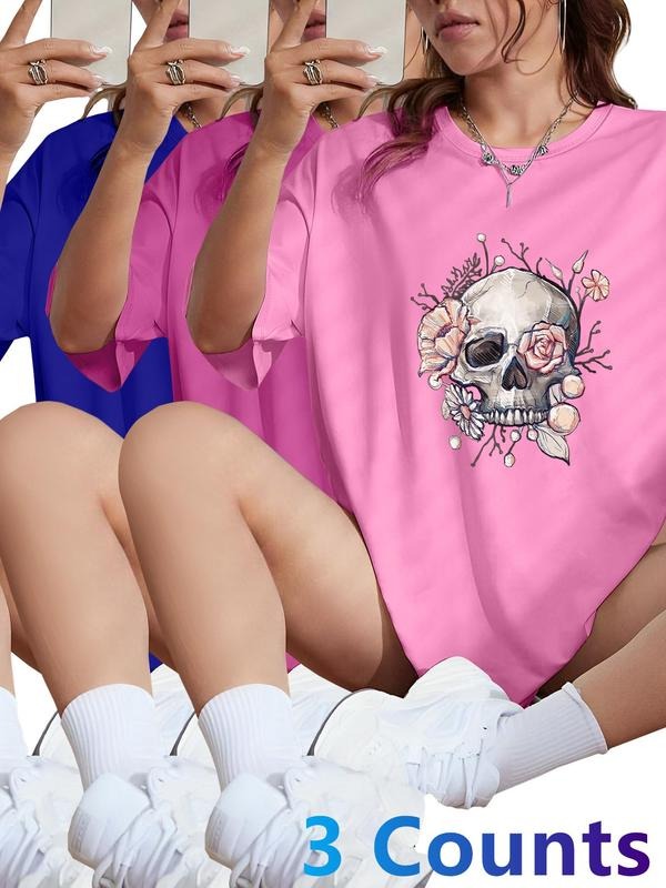 Women's Skull & Floral Print Round Neck Tee, Casual Fashion Short Sleeve T-shirt for Daily Wear, Ladies Summer Clothes,...