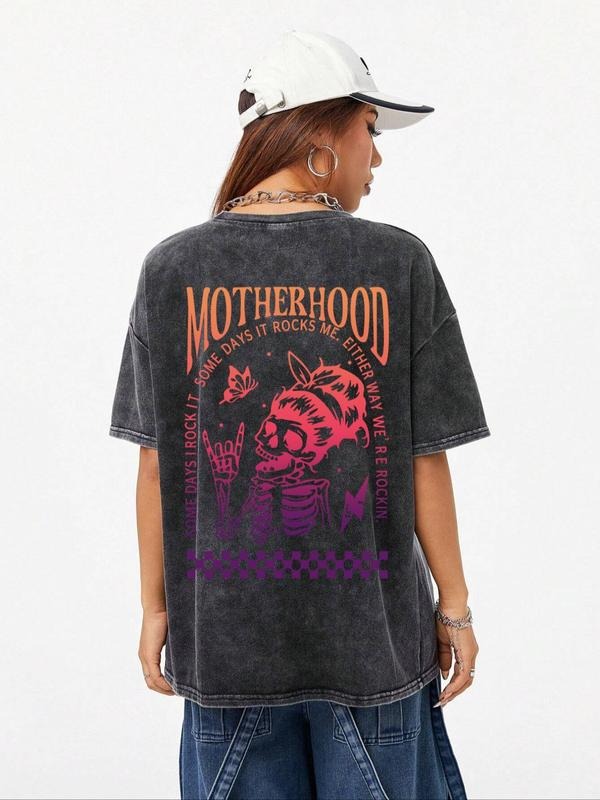Women's Skull & Letter Print Motherhood Wash T-shirt, Casual Short Sleeve Graphic Tee for Daily Wear, Ladies Clothes for...