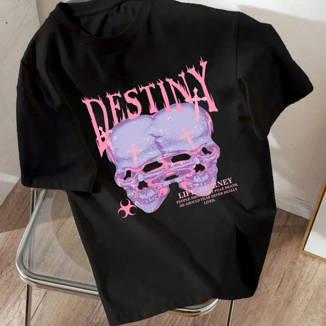 Women's Skull & Letter Print Round Neck Tee, Fashion Trendy Casual Drop Shoulder Short Sleeve T-Shirt for Daily Wear,...