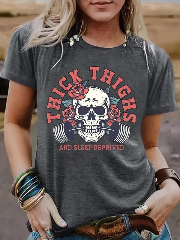 Women's Skull & Rose Print Round Neck Tee, Vintage Trendy Casual Short Sleeve T-shirt for Daily Wear, Ladies Summer, Top...