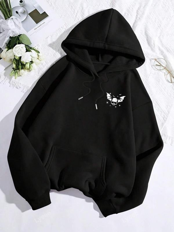 Women's Skull Print Drop Shoulder Hoodie, Fashion Casual Drawstring Pocket Hooded Sweatshirt for Daily Holiday Outdoor...