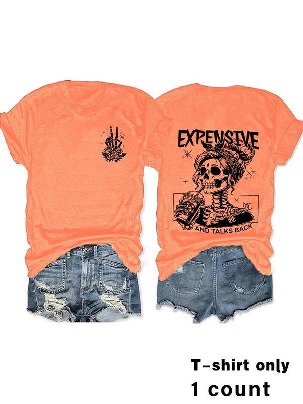 Women's Skull Print Round Neck Tee, Vintage Trendy Casual Short Sleeve T-shirt for Daily Wear, Ladies Summer Outfit...