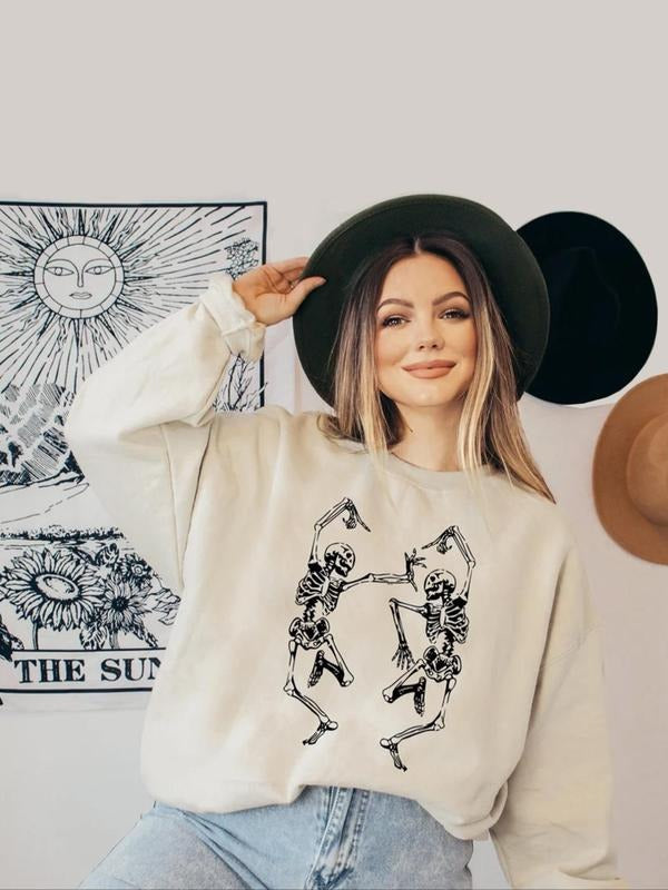 Women's Skull Print Thermal Lined Sweatshirt, Casual Long Sleeve Pullover for Fall & Winter, Women's Clothes for Daily...
