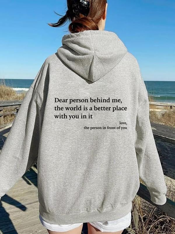 Women's Slogan Print Drop Shoulder Hoodie, Drawstring Pocket Hooded Sweatshirt for Daily Holiday Outdoor Wear, Women...