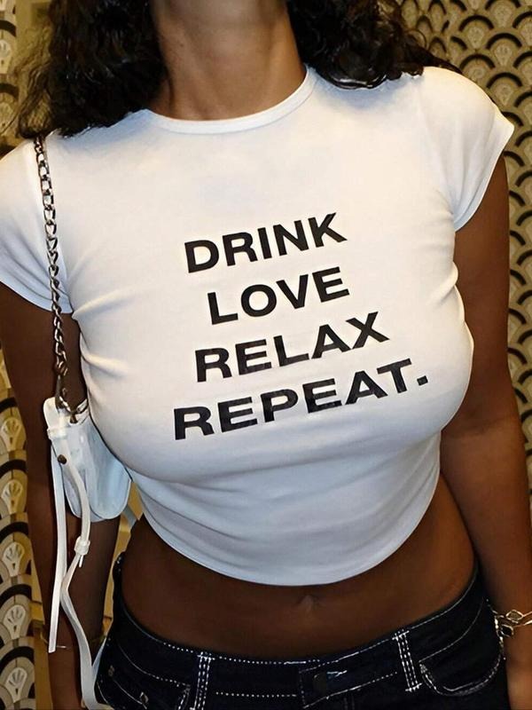 Women's Slogan Print Round Neck Crop Tee, Fashion Casual Crew Neck T-shirt for Daily Holiday Vacation Outdoor Wear,...