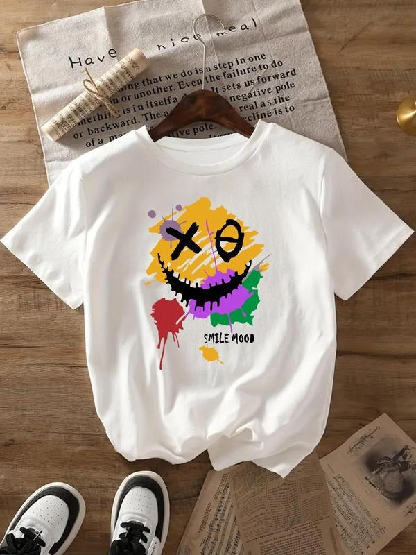 Women's Smile Face & Splash Ink Print Round Neck Tee, Casual Short Sleeve Graphic T-Shirt for Daily Wear, Ladies All...